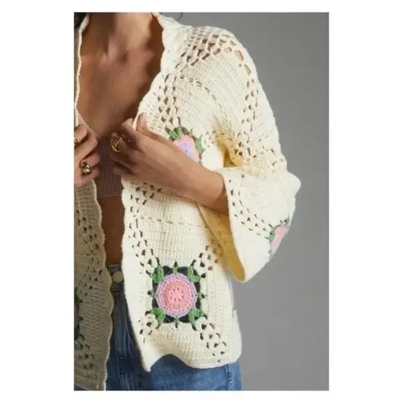 Maeve Cream Crochet Cardigan with Pink Rose Appliqués - Picture 3 of 10